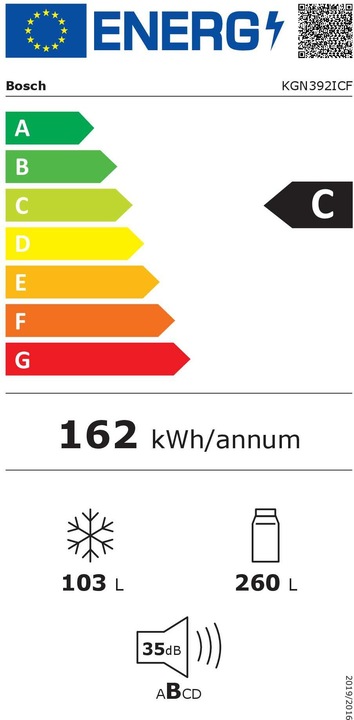 Etichetta energetica Bosch Hausgeräte Serie 4, Combinazione frigo-congelatore a libera installazione con sezione freezer sottostante, 203 (363 l)