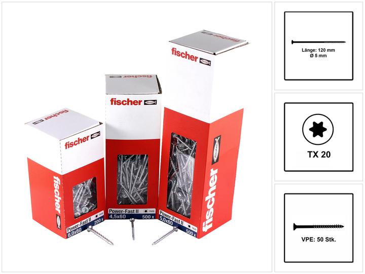 Produktbild Fischer PowerFast II 5,0x120 SK TX TG blvz 50 (50 Schrauben pro Stück, 5 x 120 mm)