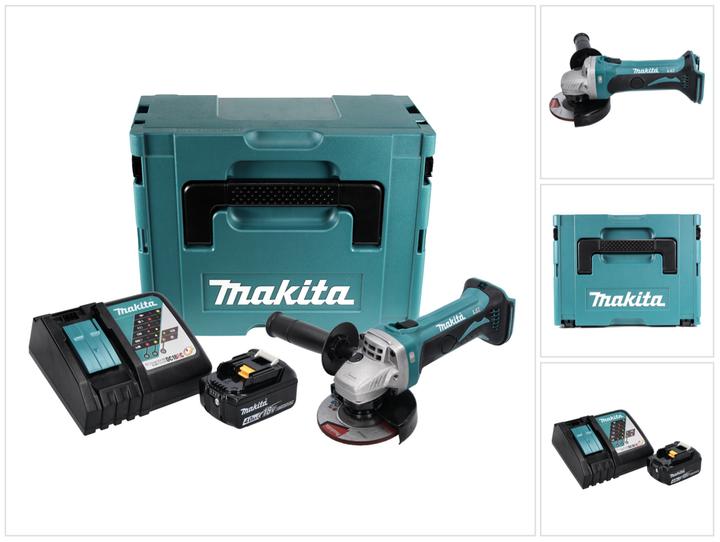 1x Makita DGA 452 Akku Winkelschleifer, 1x Schutzhaube, 1x Montageschlüssel, 1x Makita BL 1840 B 18 V 4,0 Ah Akku, 1x Makita DC 18 RC Ladegerät, 1x Makita Makpac Koffer, 1x passende Einlage