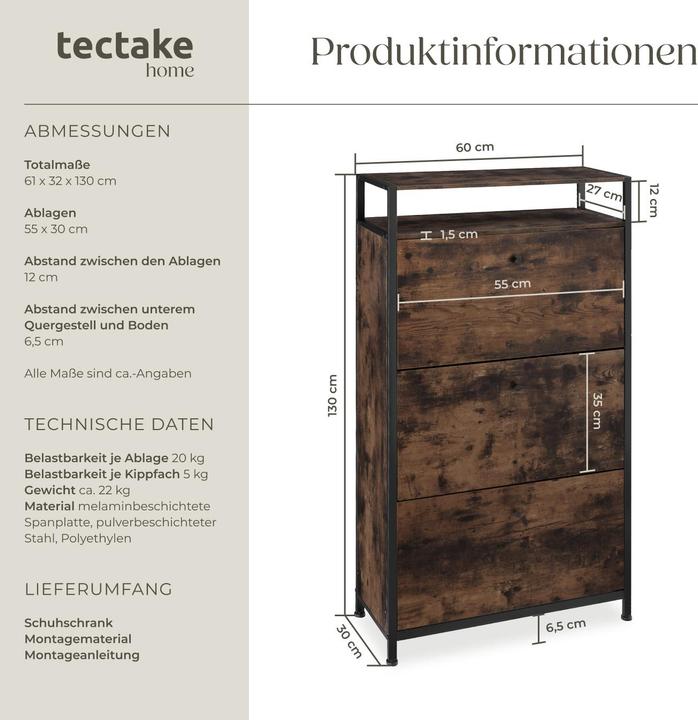 Produktbild tectake Schuhregal (32 x 61 x 130 cm)
