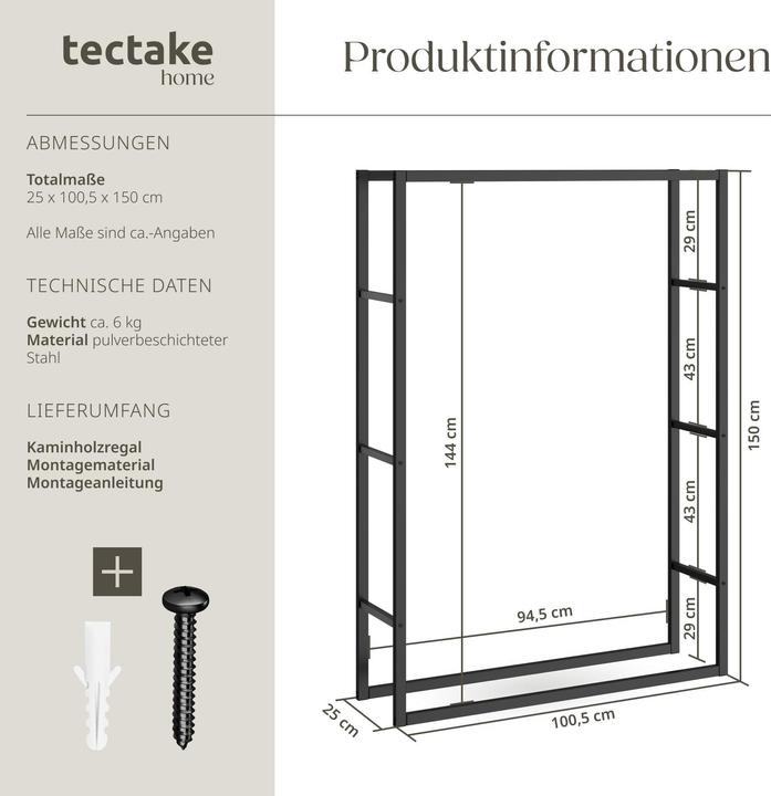 Actual product image tectake Kaminholzregal Tuby, für In- & Outdoor, 100,5x25x150cm