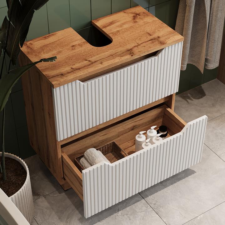 Actual product image Vicco Waschbeckenunterschrank Lotta, Eiche/weiss gestreift, 59.8 x 62.5 cm mit 2 Schubladen (59.80 x 32 x 62.50 cm)