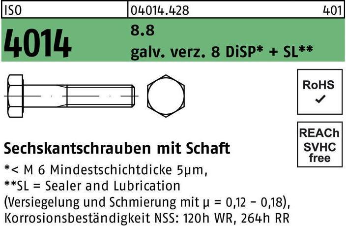 Produktbild Sechskantschraube ISO 4014 m.Schaft M 20 x 220 8.8 galvanisch verzinkt 8 DiSP+SL (10 Schrauben pro Stück)