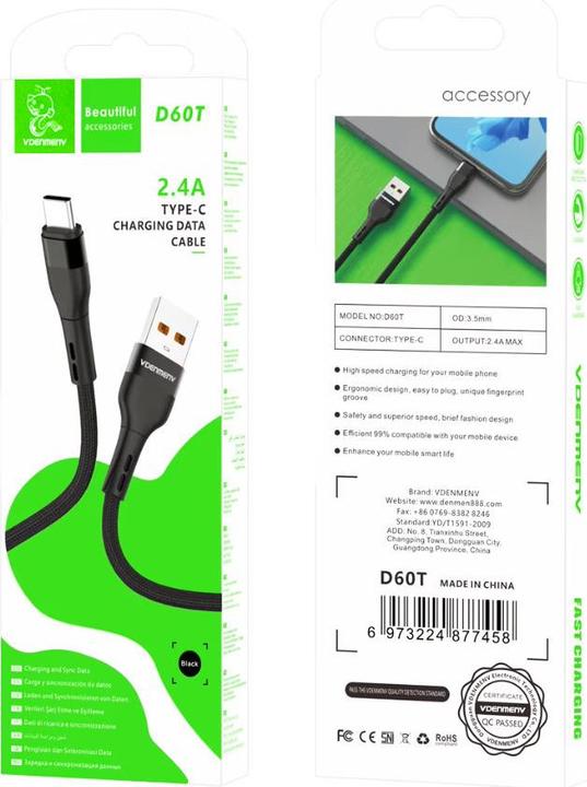 Image du produit DENMEN SCHWARZES GEFLOCHTENES USB-TYPE-C-KABEL TYPE-C 2,4 A 60 W QC3.0 D60T-B (1 m, 60 W)