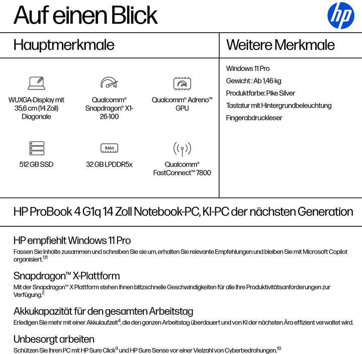 Nährwerte und Zutaten HP ProBook 4 G1q (14", Snapdragon X X1-26-100, 32 GB, 536.87 GB, DE)