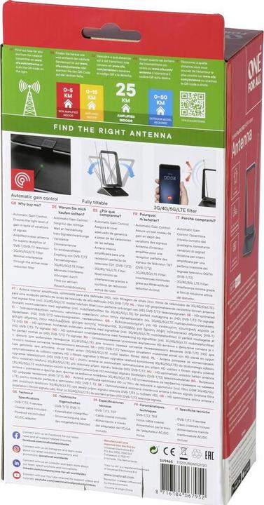 Actual product image One for All DVB-T autom. gain control antenna (Monopole antenna, DVB-T / -T2)