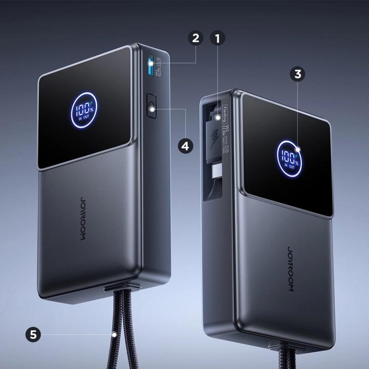 Immagine prodotto Joyroom 22.5W Powerbank 10000mAh Fast Charging with built-in Retractable Cable (10000 mAh, 22.50 W, 38.50 Wh)
