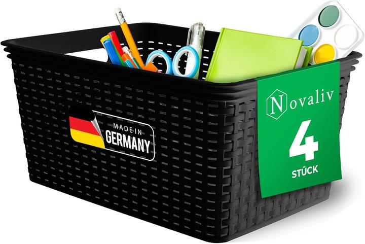 Produktbild Novaliv 4 Stück Elegante Aufbewahrungskörbe in Rattan-Optik | Schwarz Kunststoff 14L? für Büro und (14 l)