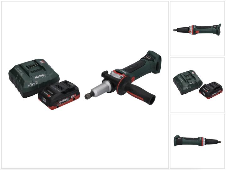 1x Metabo GA 18 LTX G Akku Geradschleifer, 1x Spannzange 6 mm, 1x Zusatzhandgriff, 1x Staubschutzfilter, 1x Metabo LiHD Akkupack 18V 4,0 Ah Akku ( 625367000 ), 1x Metabo ASC 55 Ladegerät