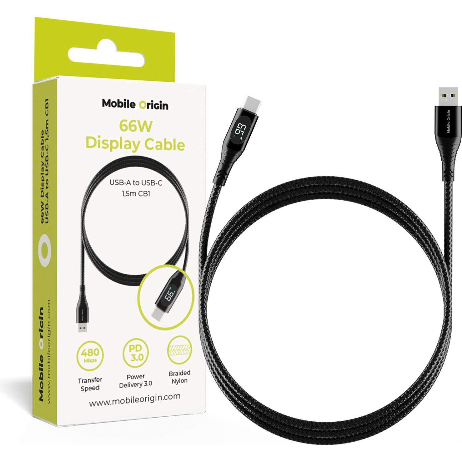 Mobile Origin 66W Display Cable USB-A to USB-C 1.5m CB1 (1.50 m, 66 W), Cavo USB