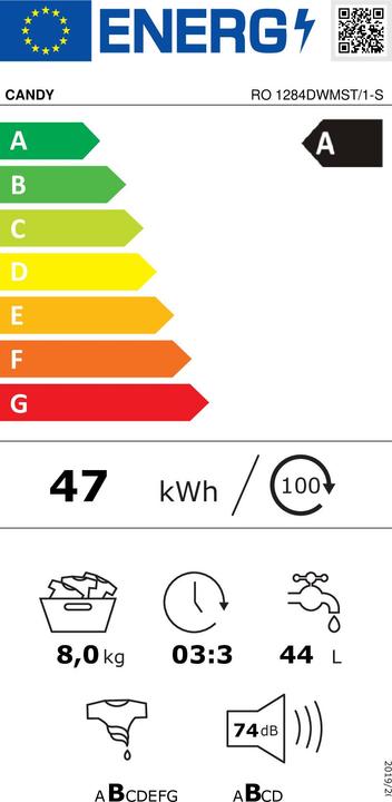 Energie-Label Candy Rapidα RO 1284DWMST/1-S Frontlader-Waschmaschine 8 kg 1200 U/min Weiss (8 kg, Links)