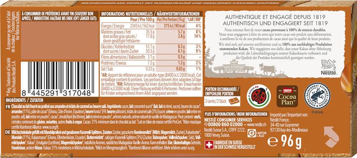 Valeurs nutritives et ingrédients Cailler Caramel (96 g)