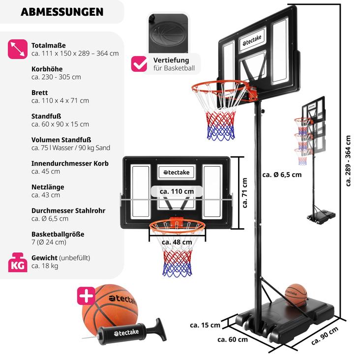 Image du produit tectake Panier de basket Dirk, hauteur de panier 234-302 cm, avec ballon et pompe