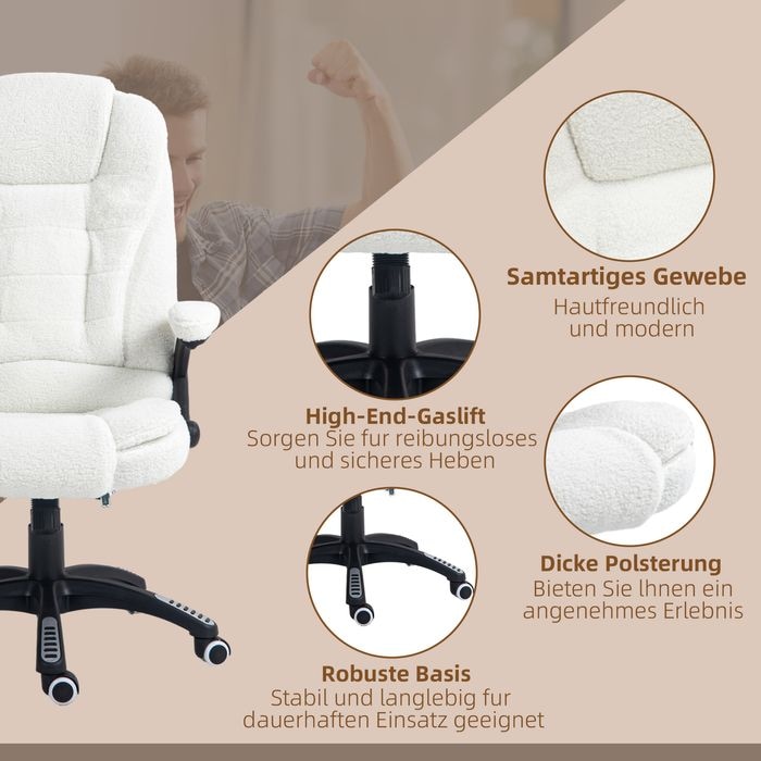 Produktbild Swisshandel24 Massage-Bürostuhl mit Wippfunktion, mit Heizfunktion, Liegefunktion, mit Fussstütze, Teddysamt, Weis