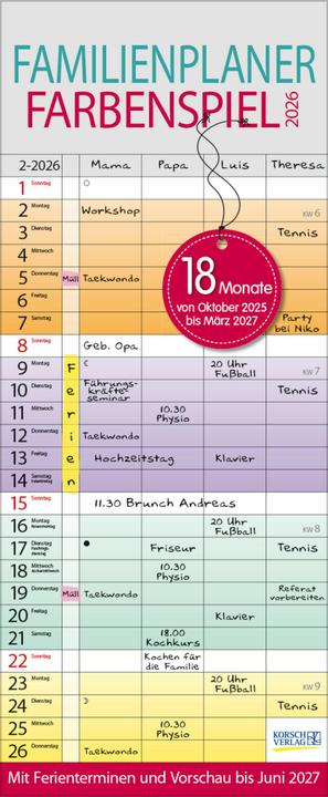 Produktbild Familienplaner Farbenspiel 18 Monate 2026/2027 (19 x 46 cm, Harter Einband, Deutsch)
