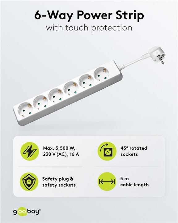 Actual product image Goobay Power strip 6-way, 5 m, white (6 x, CEE 7/7, 5 m)