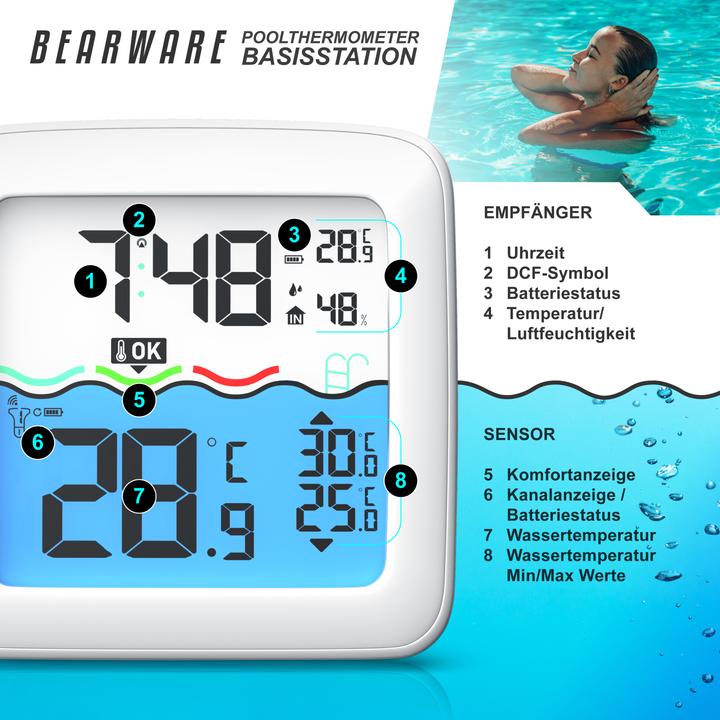 Image du produit Bearware Poolthermometer mit Schwimmer, Schwimmthermometer, Funkuhr, Raum- und Luftfeuchte, IP67 Wecker