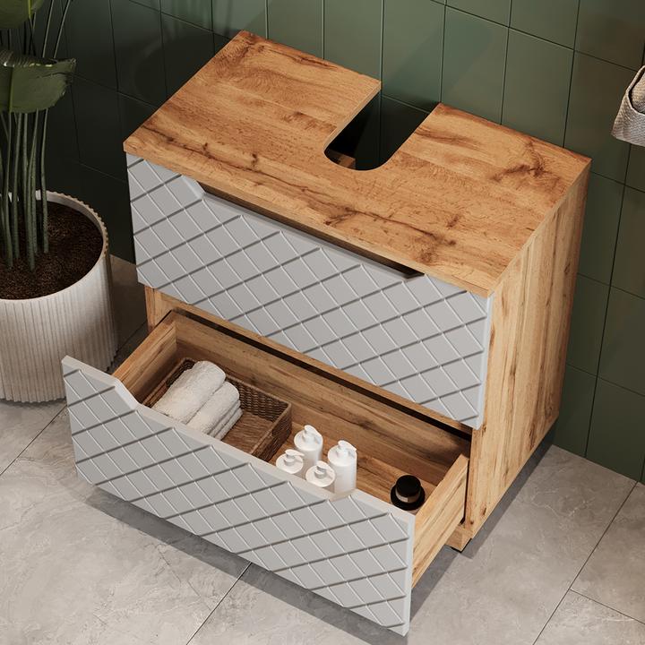 Actual product image Vicco Waschbeckenunterschrank Lotta, Eiche/Grau mit Kachelstruktur, 59.8 x 62.5 cm mit 2 Schubladen (59.80 x 32 x 62.50 cm)