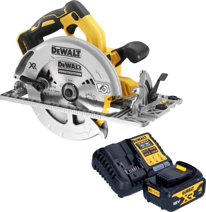 1x sega circolare a batteria DeWalt DCS 572, 1x batteria DeWalt DCB 182 18 V 4.0 Ah, 1x caricatore rapido DeWalt