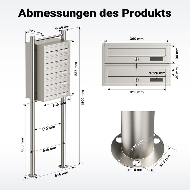 Produktbild Wiltec 5er Briefkastenanlage Edelstahl 513x270x1500mm Standbriefkasten Post