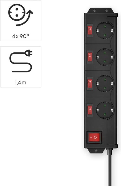 Produktbild Hama Steckdosenleiste, 4-fach, 90°, einzeln schaltbar, Wandmontage, 1,4 m, Schw. (4x, CEE 7/3, 1.40 m)