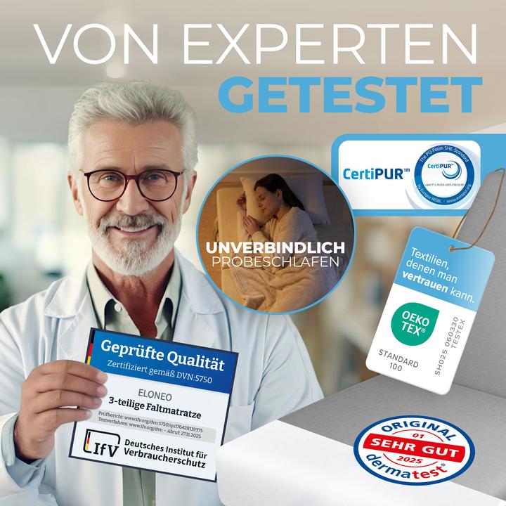 Produktbild Bestschlaf Klappmatratze, 3-teilige Faltmatratze, Reisebett, Gästematratze (75 x 195 cm, Schaumstoffkern)