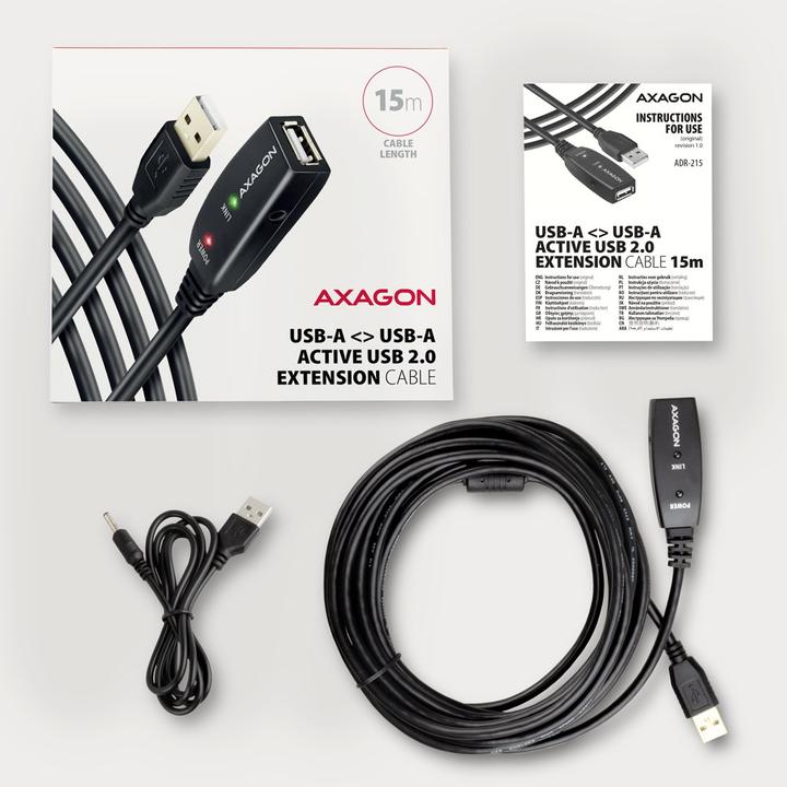 Image du produit Axagon ADR-215 Câble d'extension actif USB 2.0, USB-A mâle/femelle - 15m (15 m, USB 2.0)