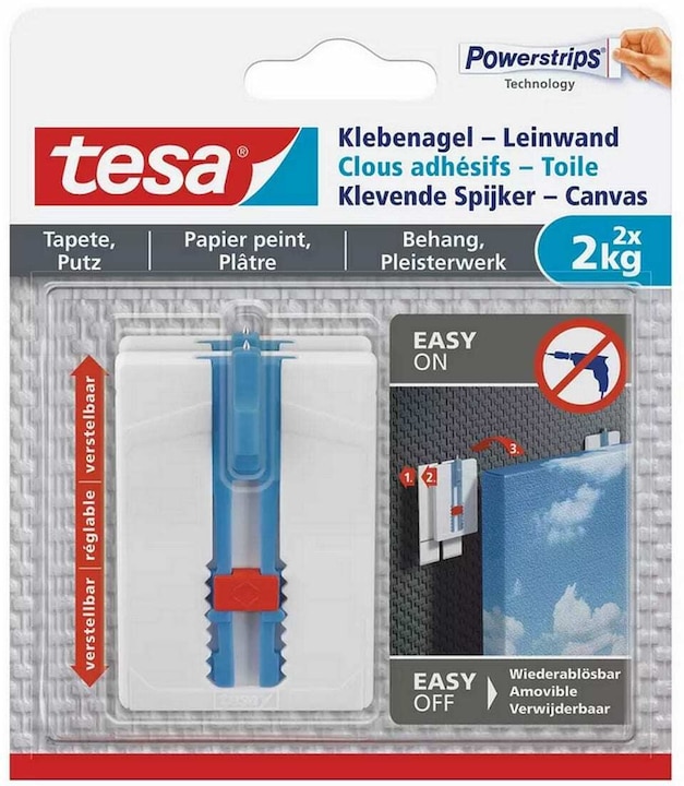 Produktbild tesa Klebenagel für Tapete & Putz, ideal für Leinwand & Keilrahmen, 2kg Halteleistung, höhenverstellbar