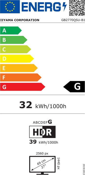 Energy Label iiyama G-Master GB2770QSU-B1 (2560 x 1440 pixels, 27")