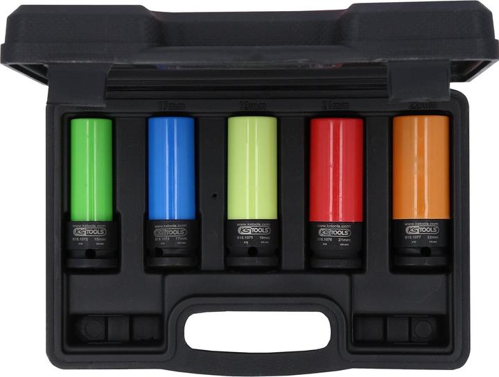 Productafbeelding KS Tools 1/2 inch aluminium rand power doppenset robuust, 5 stuks. (15 mm, 17 mm, 19 mm, 21 mm, 22 mm)
