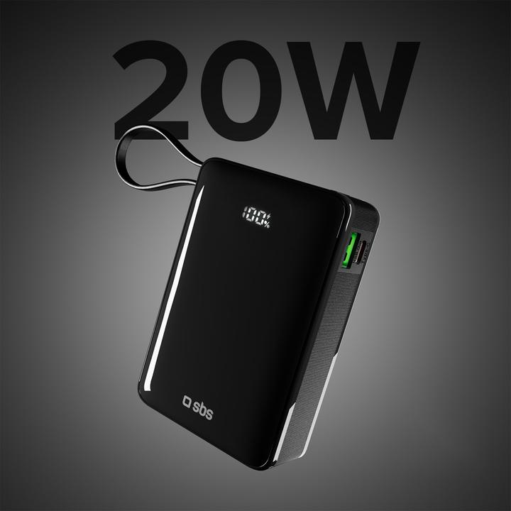 Productafbeelding SBS Powerbank 20.000mAh 20W PD LCD USB-C kabel zwart (20000 mAh, 20 W)