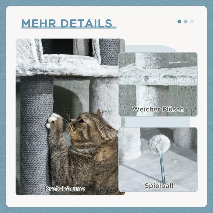 Actual product image Swisshandel24 Scratching post ceiling high, 225-255 cm with cat cave, scratching posts, basket, play ball, grey (Grey)