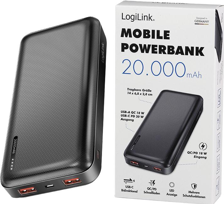 Produktbild LogiLink Powerbank 20.000 mAh, schwarz (20000 mAh, 20 W)