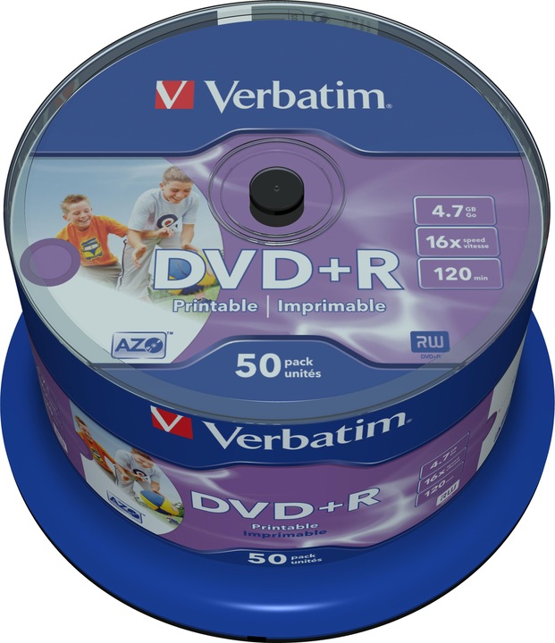 Produktbild Verbatim DVD+R, 16x, 4.7GB, 50er Spindel, bedruckbar (50 x)