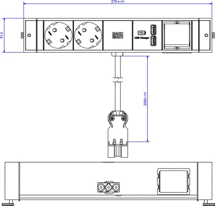 Image du produit Bachmann DESK RAIL 2x contact de protection 1x USB Charger 1x ABD (2x, CEE 7/3, 2 m)