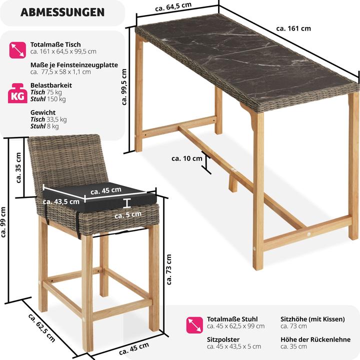Produktbild tectake Rattan Bartisch Lovas mit 4 Stühlen Latina (161 x 64.50 x 99.50 cm)