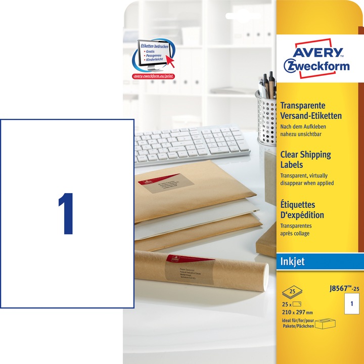 Actual product image Avery Universal labels J8567-25 Transparent 210 mm x 297 mm