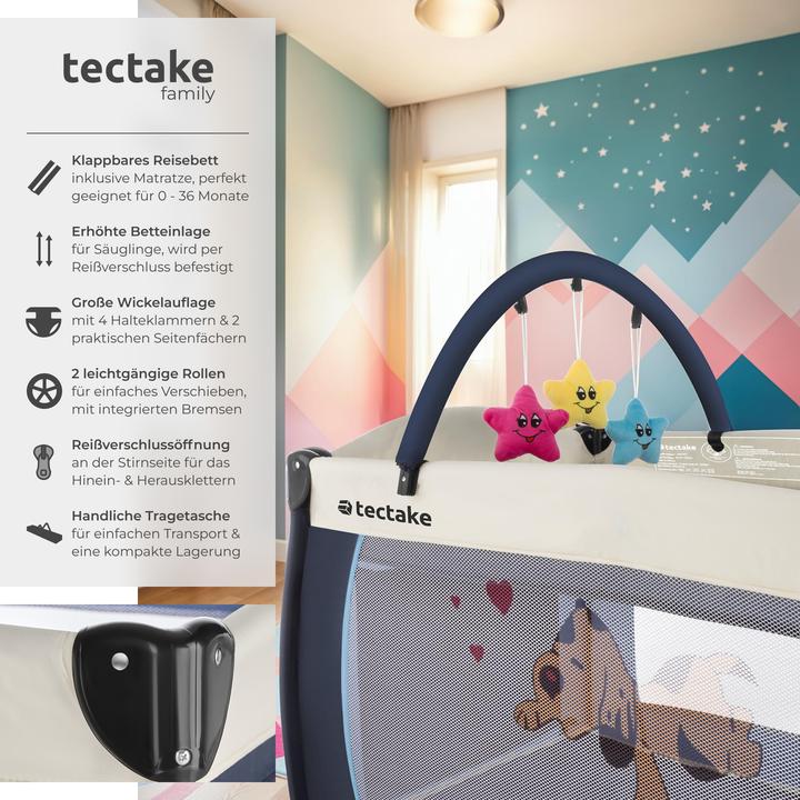 Produktbild tectake Kinderreisebett Hund mit Wickelauflage und Transporttasche (60 x 120 cm)