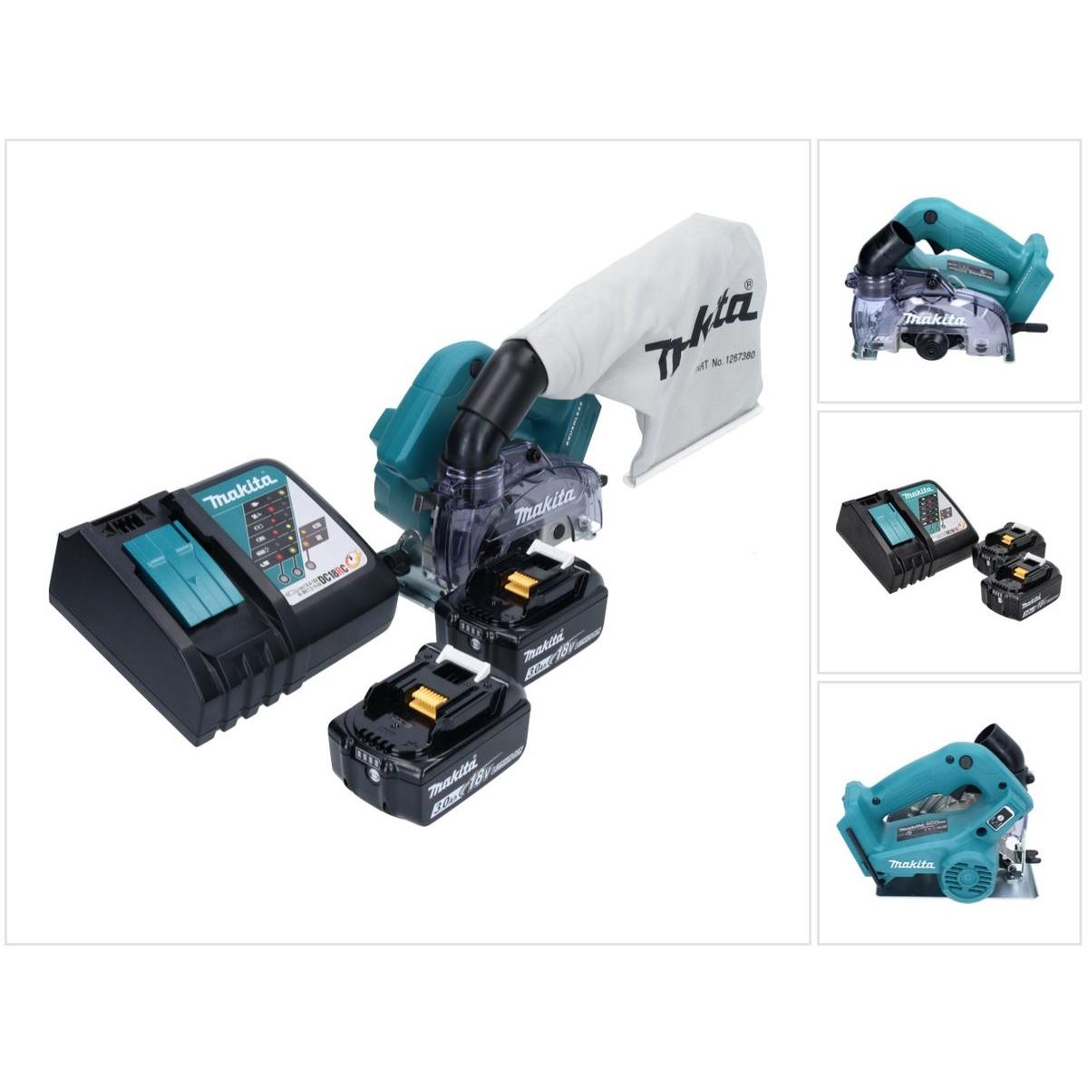 Makita, Schleifmaschine + Poliermaschine, DCC 500 RF Akku Diamantschneider 18 V 125 mm Brushless + 2x Akku 3,0 Ah + Lade...