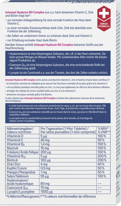 Nährwerte und Zutaten Tetesept Hyaluron 80 (30 Stück, Tabletten, 19 g)