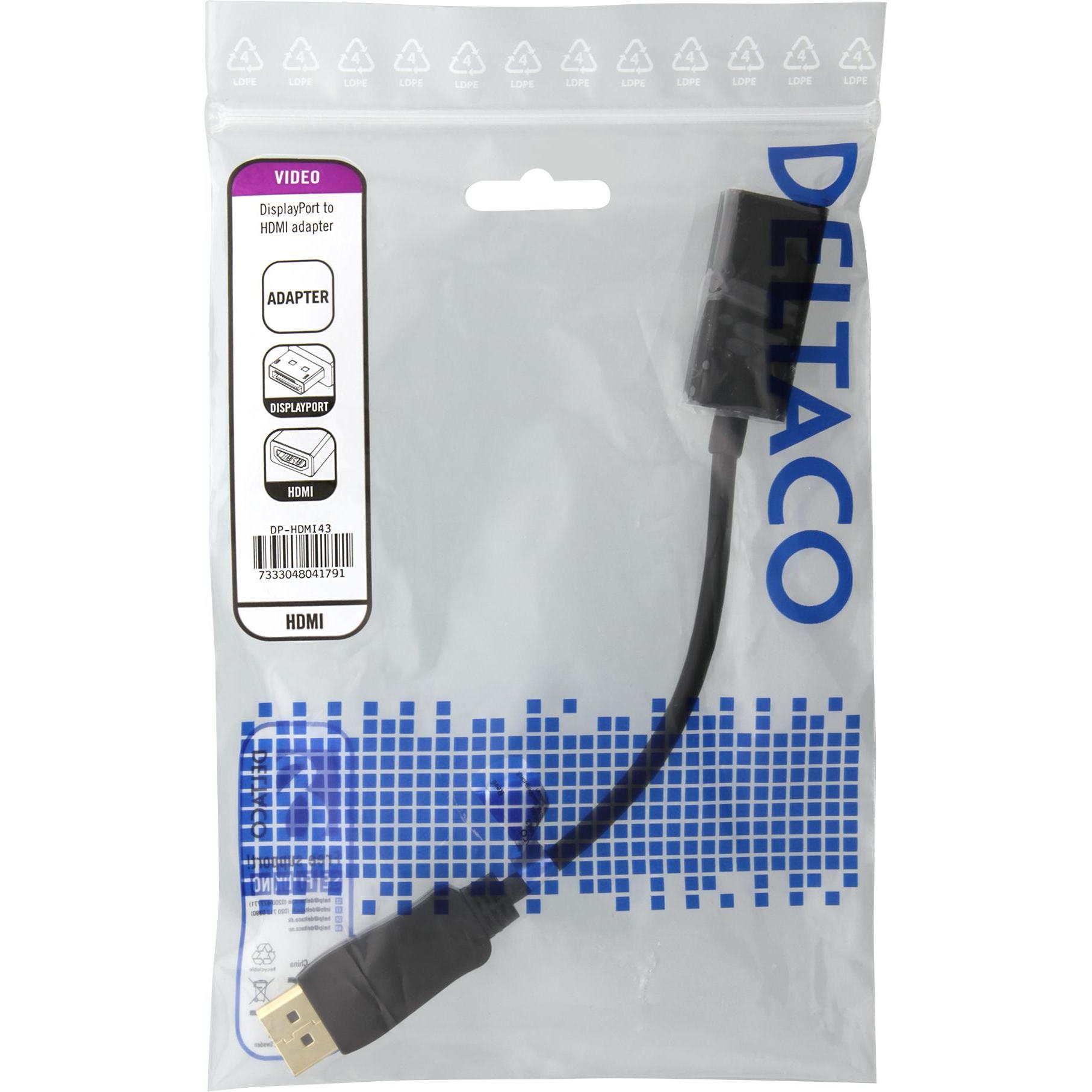 Thumbnail - Deltaco DP-HDMI43 video cable adapter DisplayPort HDMI Type A (Standard) Black (HDMI, 20 cm), Data + Video Adapter, Schw...