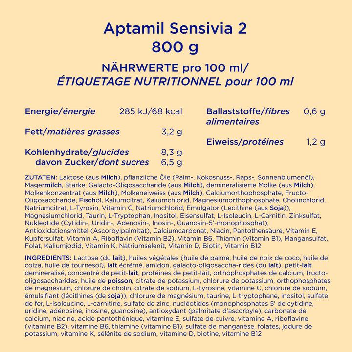 Nutritional values and ingredients Aptamil Sensivia 2 (800 g, from 6 m.)