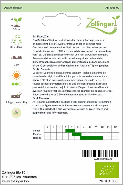 Image du produit Zollinger Bio Basilikum, Zimt