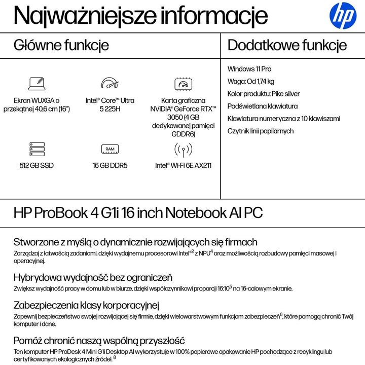 Nutritional values and ingredients HP ProBook 4 G1i 16 inch Notebook AI PC (16", 512 GB, 16 GB, Numeric keypad)