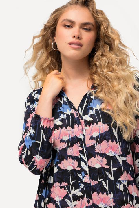 Immagine prodotto Ulla Popken Abito midi con fiori a effetto acquarello, collo da camicia e maniche lunghe (46, 48)