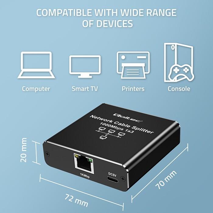 Productafbeelding Qoltec Splitter Ethernet mini SWITCH 1x3 RJ45 USB C (4 ports)