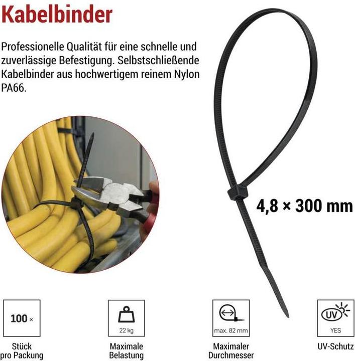 Produktbild Emos Kabelbinder 300×4,8, schwarz, 100 Stk (300 mm, 100 Stk.)