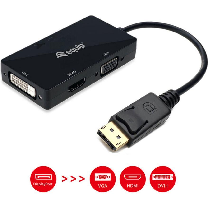 Equip Nero Adattatore Displayport->Hdmi/Vga/Dvi St/Bu (Dvi, Hdmi), Adattatore Dati + Video,