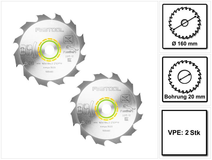 Festool Panther Lame de scie circulaire PW12, Bois 160 x 1,8 x 20 mm, 12 dents, HKC TS - 2 pcs. (2x