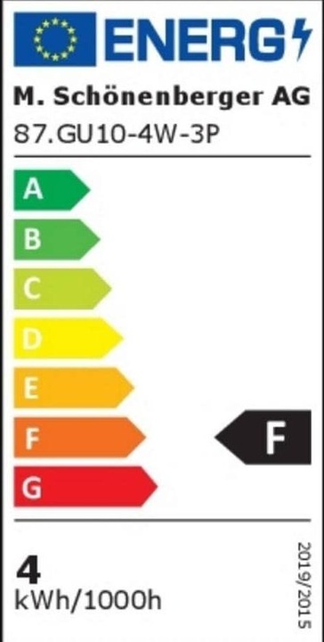Energie-Label Schönenberger 3er Pack LED GU10 (GU10, 4 W, 345 lm, 3 x, F)